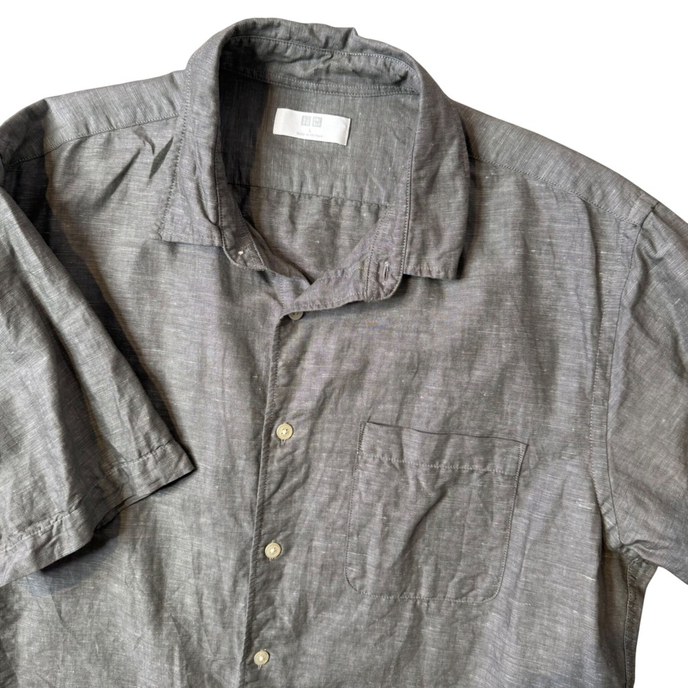 Uniqlo Button Down Shirt Mens L Grey Linen Cotton Blend Short Sleeve Minimalist
